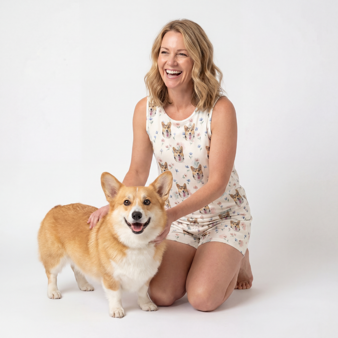 Woman wearing tank top pajamas set with dog on a white background