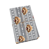 Custom pet wrapping paper in gray with dog portraits and holiday sweater pattern 