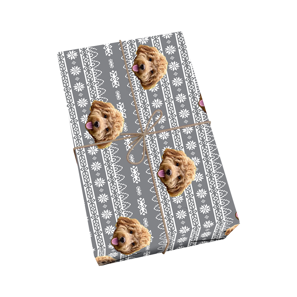 Custom pet wrapping paper in gray with dog portraits and Fair Isle holiday sweater pattern with white snowflakes and geometric designs