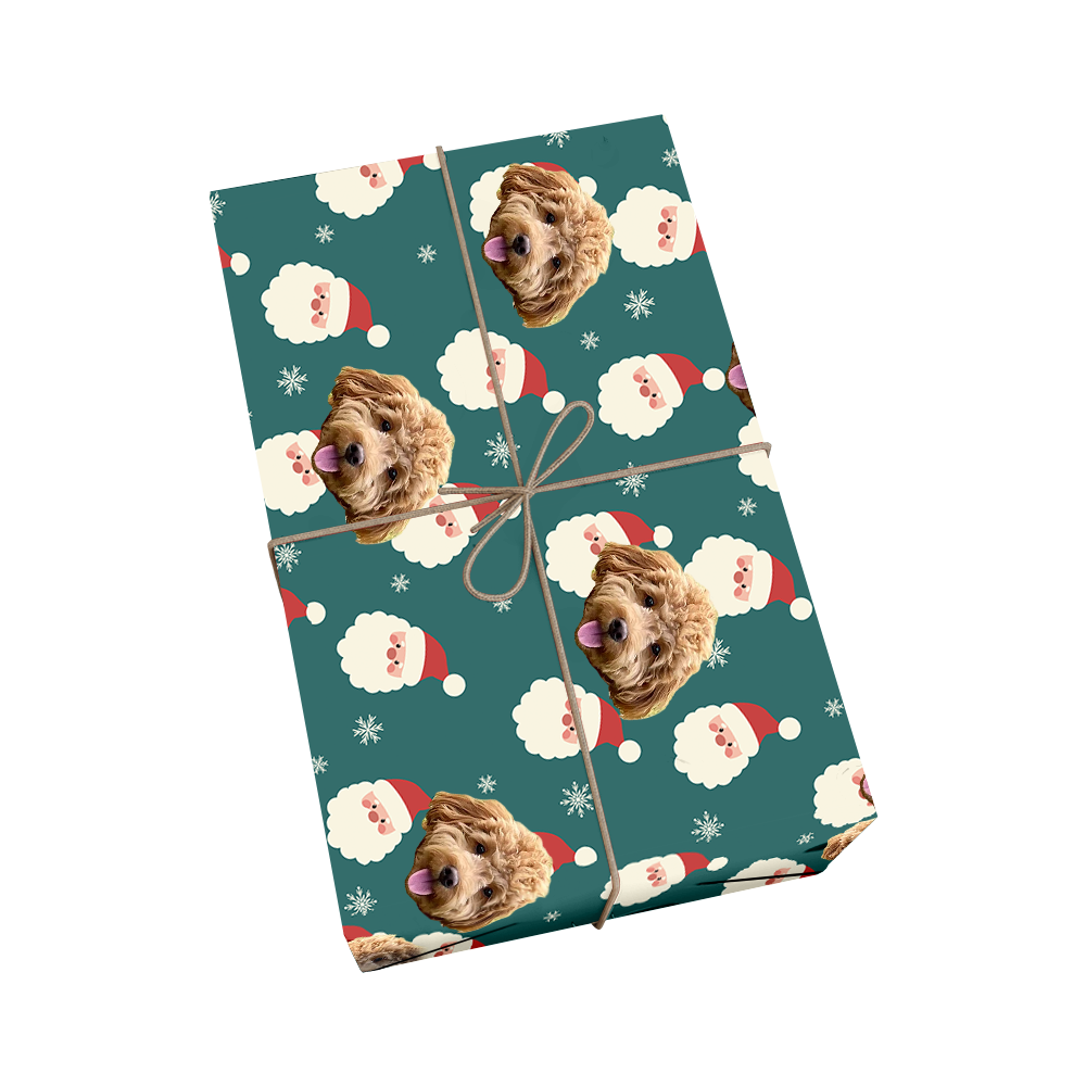 Custom pet wrapping paper in teal with dog portraits, Santa Claus faces with red hats and white beards, and snowflakes