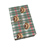 Gift wrap with a plaid pattern and dog illustrations on a white background