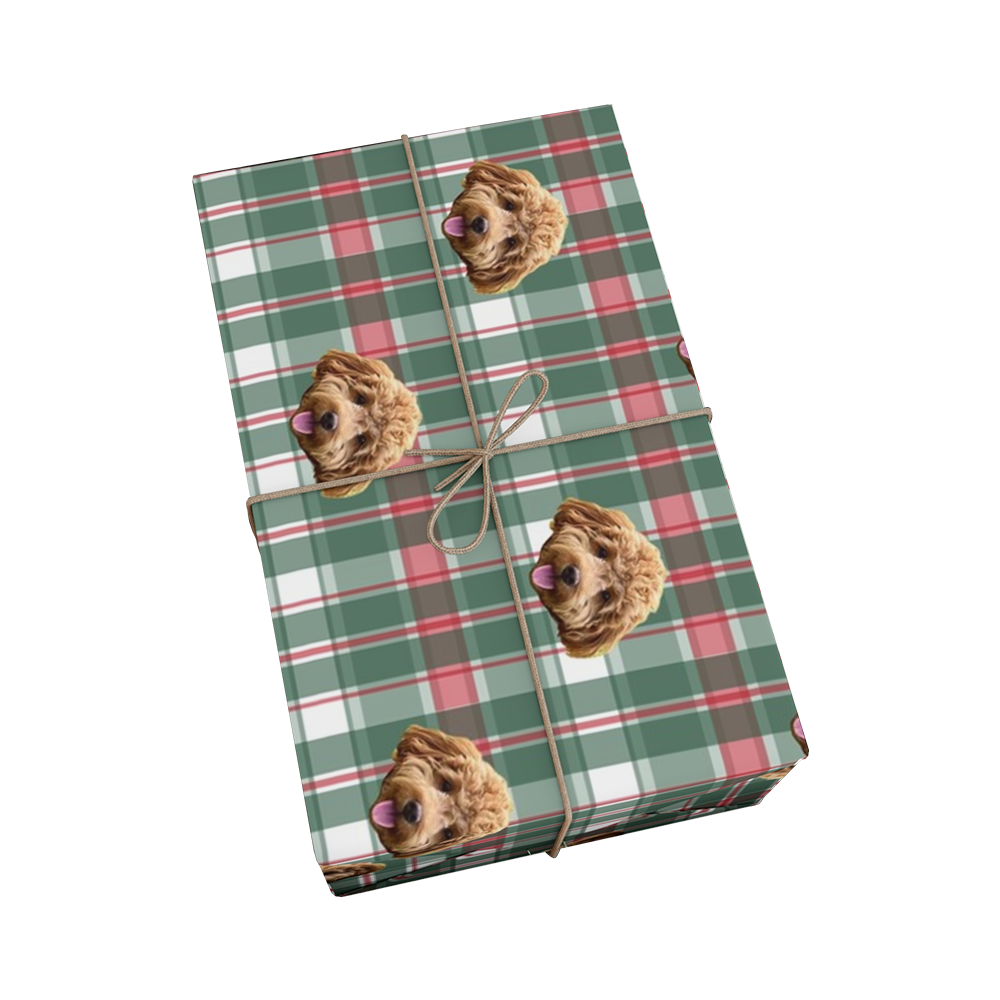 Gift wrap with a plaid pattern and dog illustrations on a white background