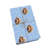 Gift box wrapped with blue paper featuring dog faces and white snowflakes, tied with brown string.