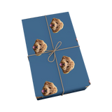 Gift box wrapped in blue paper with dog face pattern and tied with brown string