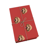 Red gift box with brown dog head pattern and string bow on a white background